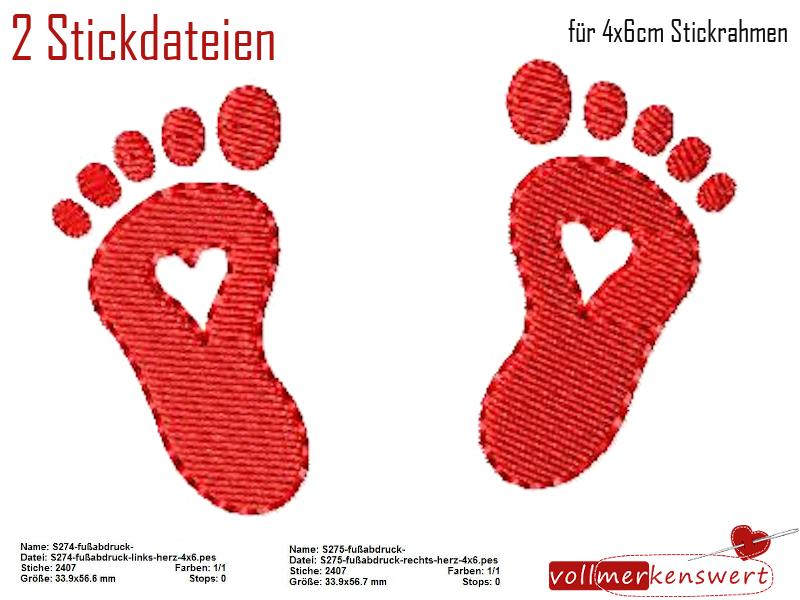 2 Stickdateien Fußabdruck Herz links und rechts im Set für den 4x6cm Stickrahmen S274+S275-set-01